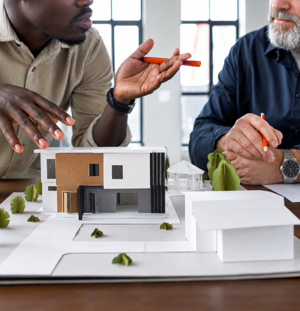 a-propos-2 Équipe d'IMA Immobilier, agence immobilière de confiance, étudiant une maquette de projet